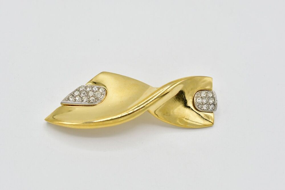 Givenchy Vintage Bow Pin Brooch Gold Tone Crystal Chunky Signed 80s 1980s Bin7